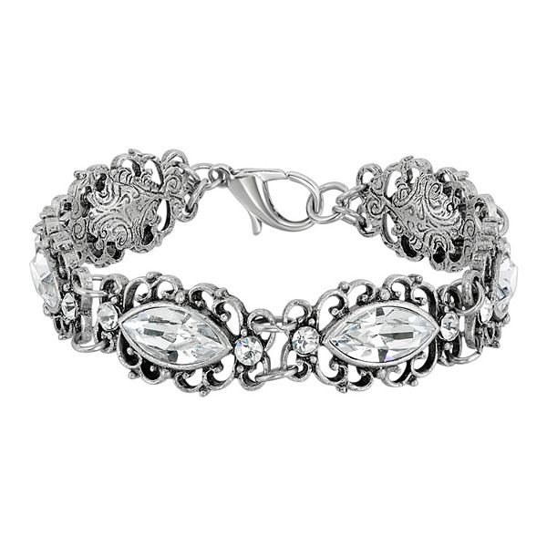 1928 Silver Tone Simulated Crystal Filigree Bracelet