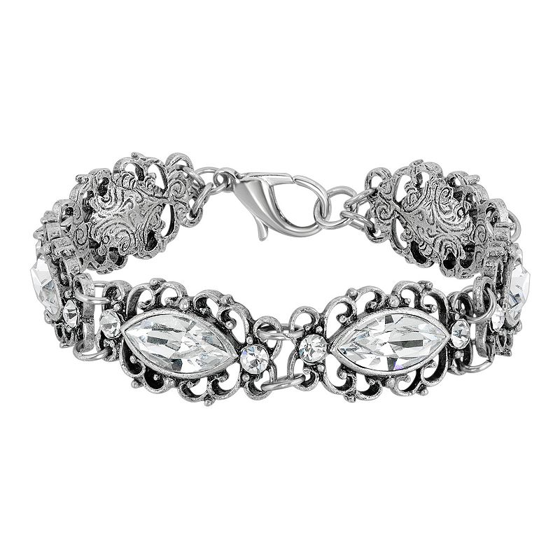 1928 Silver Tone Simulated Crystal Filigree Bracelet, Womens