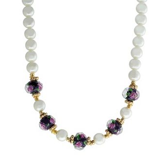 1928 Gold Tone Simulated Pearl & Black Floral Beaded Necklace