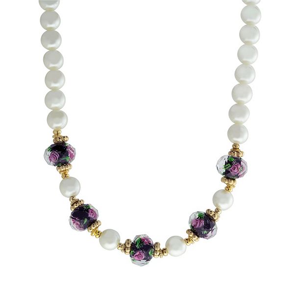1928 Gold Tone Simulated Pearl & Black Floral Beaded Necklace