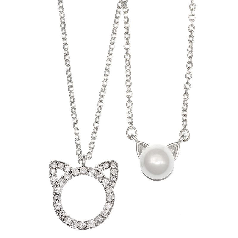 FAO Schwarz Silver Tone Cat Pendant Necklace Set, Womens