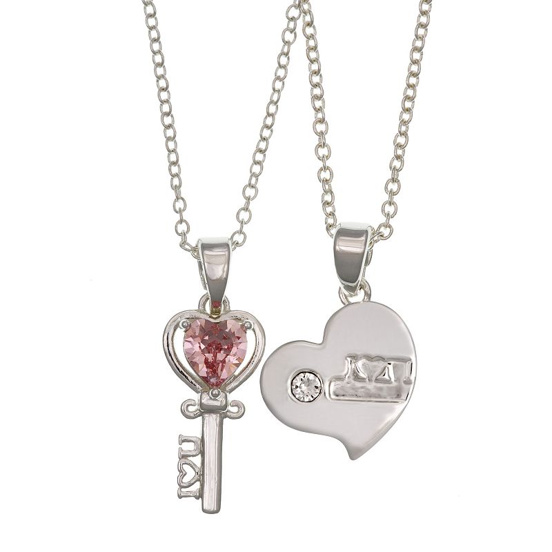 FAO Schwarz Silver Tone Heart Lock & Key Pendant Necklace Set, Womens