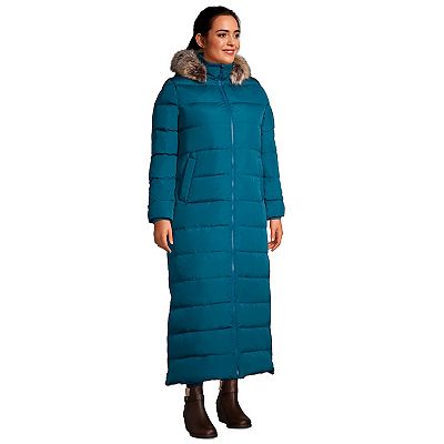 Plus Size Lands End Faux Fur Hood Quilted Down Maxi Coat