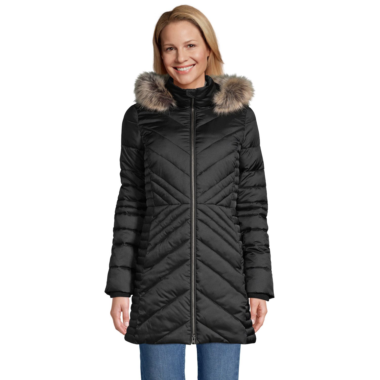 petite faux fur lined quilted puffer jacket