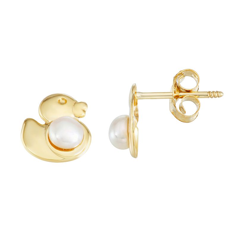 Charming Girl 14k Gold Freshwater Cultured Pearl Duck Stud Earrings, Girls