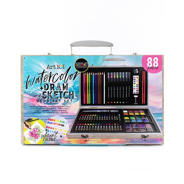 Art 101 Watercolor Draw And Sketch 88 Piece Art Set In A Wood Carrying Case