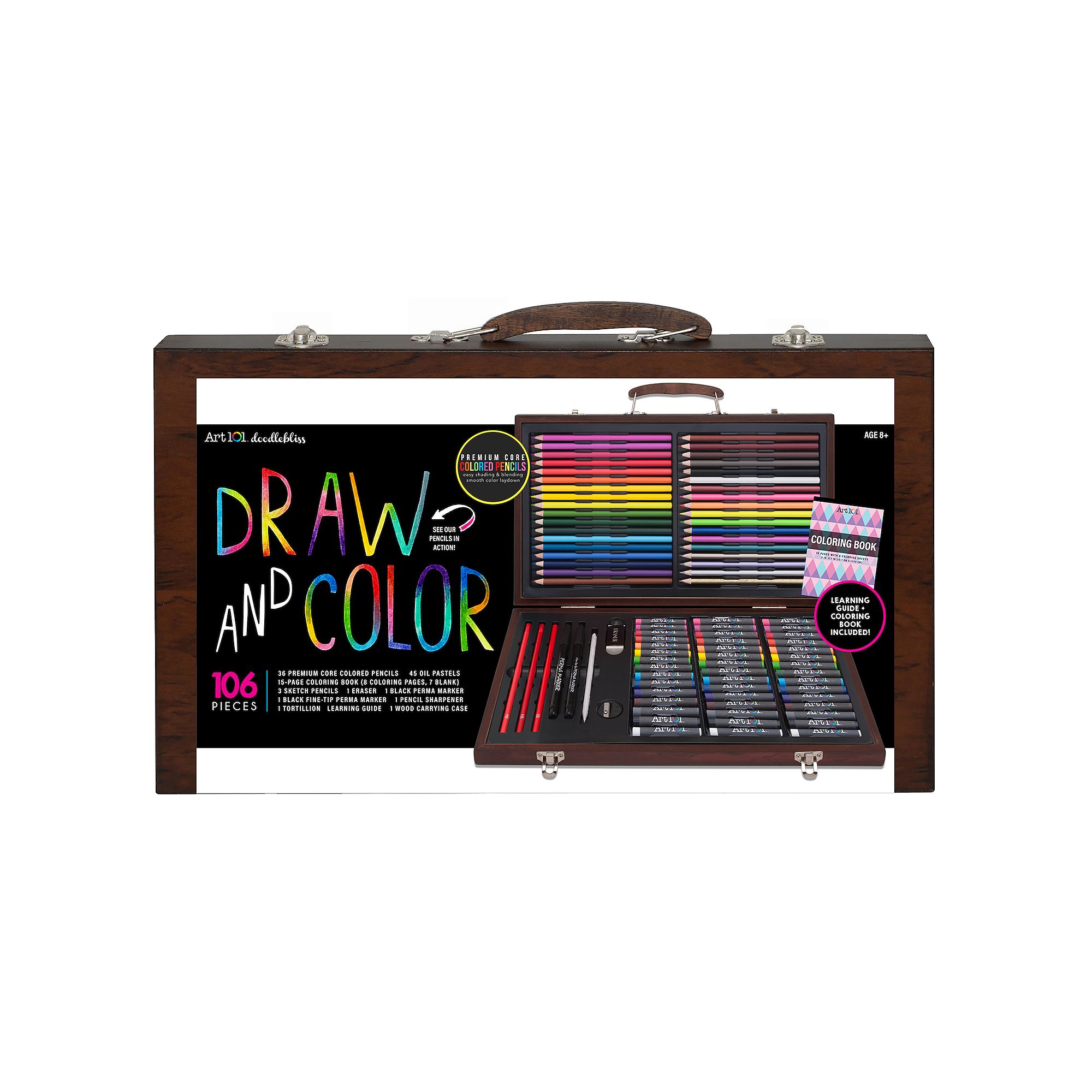 Art 101 Draw and Color 106 Piece Art Set in a Wood Carrying Case, Multi