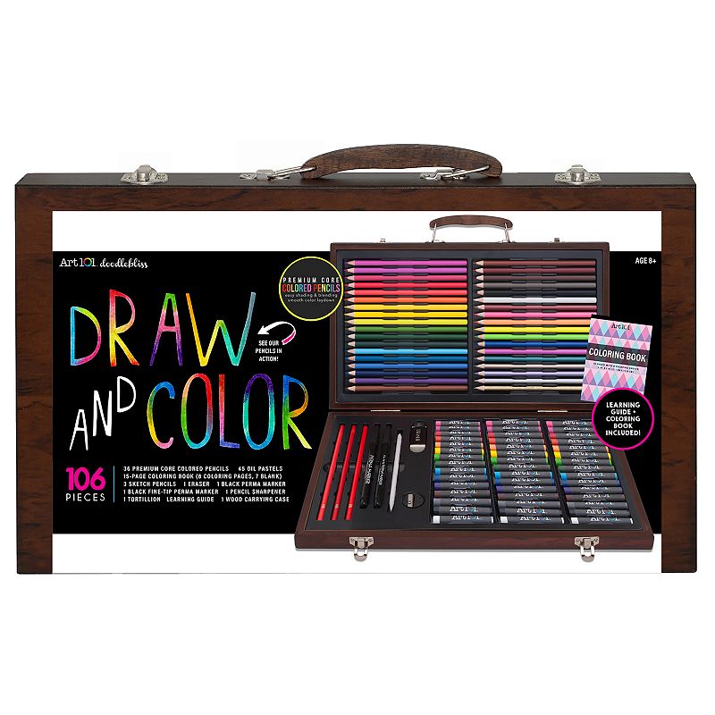 Art 101 Draw and Color 106 Piece Art Set in a Wood Carrying Case, Multicolo