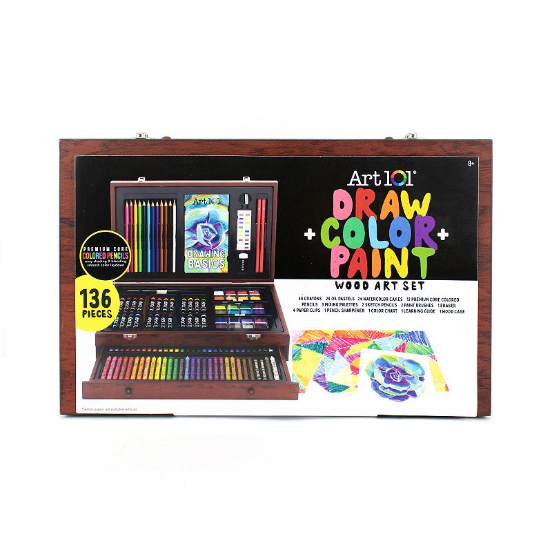Art 101 Draw, Color, and Paint 136 Piece Multimedia Wood Art Set, Multicolo