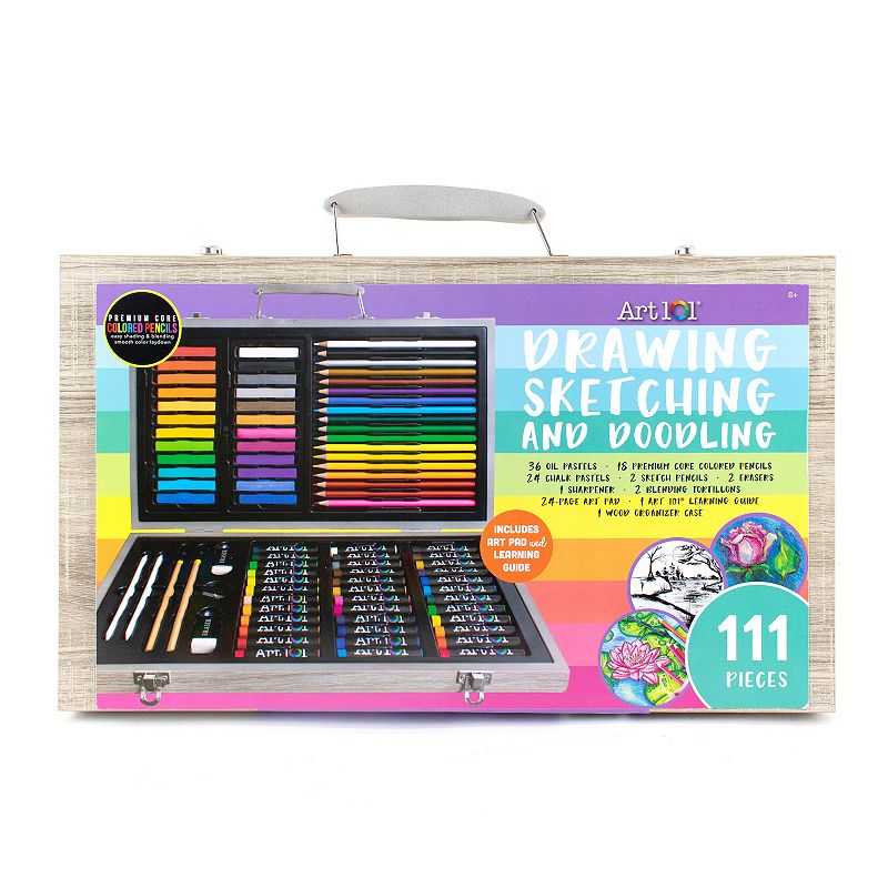 Art 101 Drawing, Sketching, and Doodling 111 Piece Wood Art Set, Multicolor