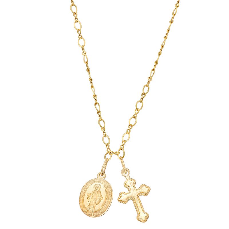 Kids Charming Girl 14k Gold Saint Mary & Cross Pendant Necklace, Womens,