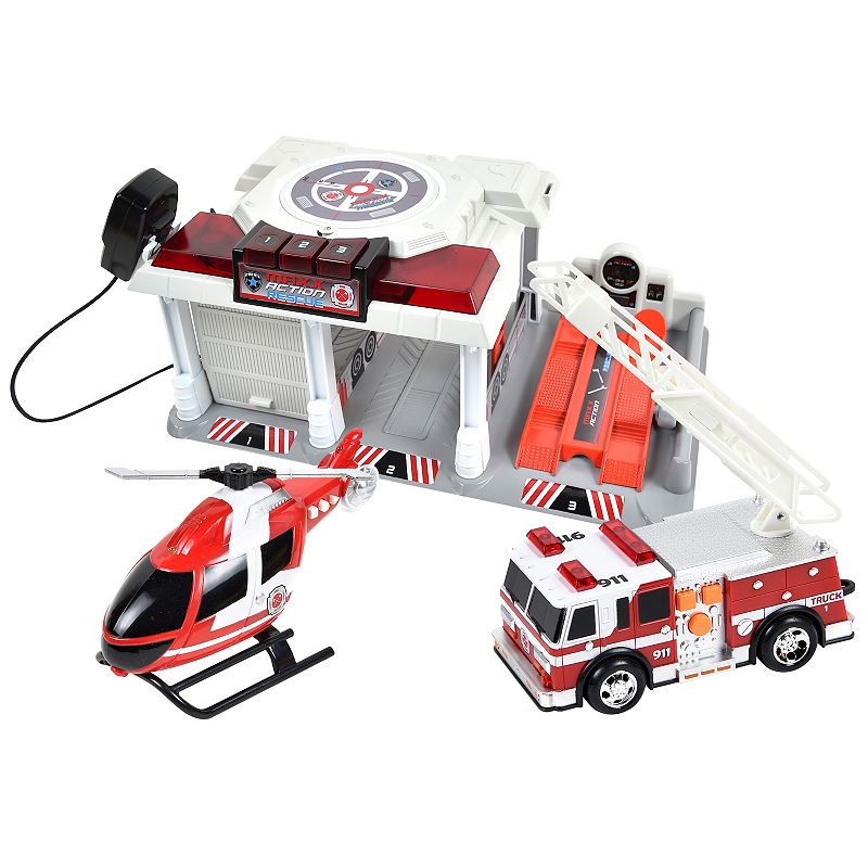 Maxx Action Mini Vehicle Playset Rescue Set with Helicopter and Fire Truck,