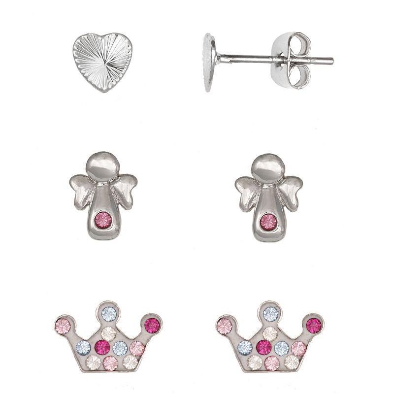 FAO Schwarz Fine Silver-Plated Holiday Crown & Angel Heart Earring Set, Wom