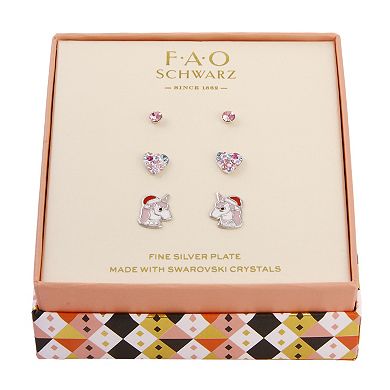 FAO Schwarz Fine Silver Plated Crystal Holiday Stud, Unicorn & Heart Earring Set