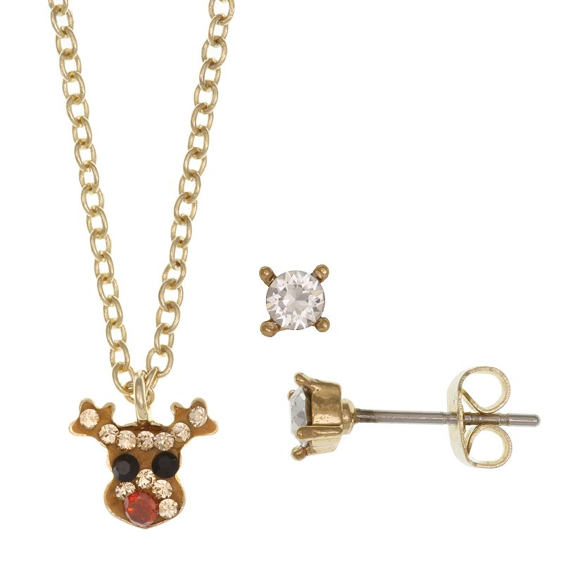 FAO Schwarz Holiday Reindeer Pendant Necklace & Earring Set, Womens, Gold