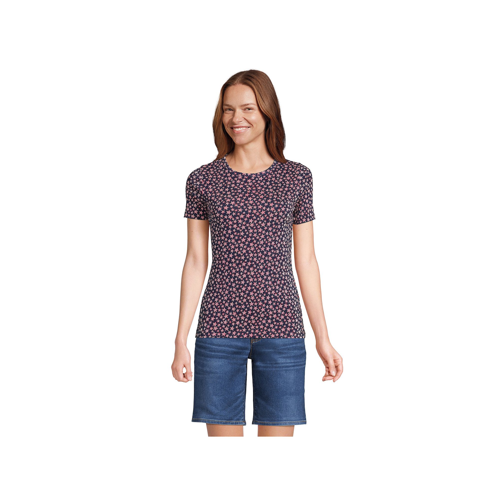 Womens Lands End All-Cotton Crewneck Tee, Size: Small Tall, Blue Striped 