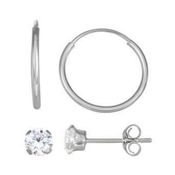 Taylor Grace 10k White Gold Endless Hoop & Cubic Zirconia Stud Earring Set