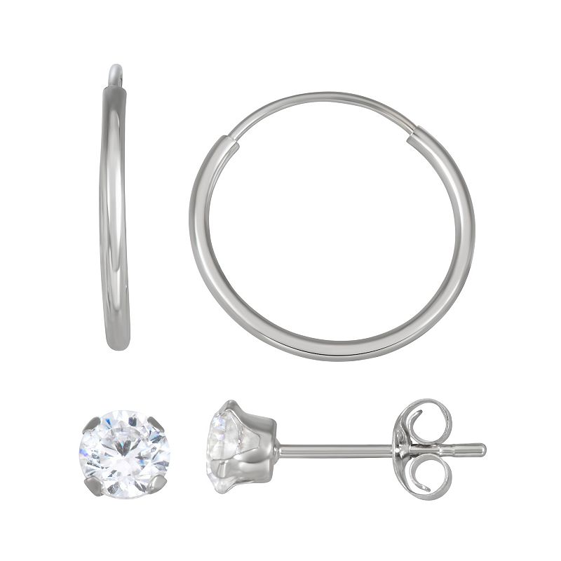Taylor Grace 10k White Gold Endless Hoop & Cubic Zirconia Stud Earring Set,