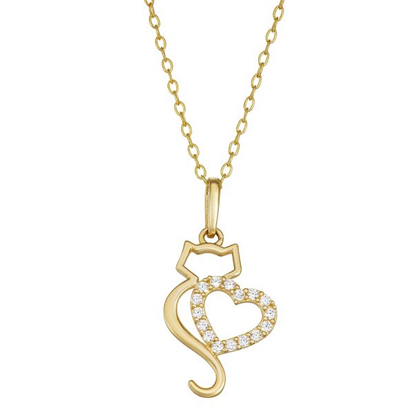 10k Gold Cubic Zirconia Cat & Heart Pendant Necklace