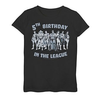 Girls 7-16 Justice League 5th Birthday Lineup Tee