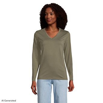 Women's Lands' End Relaxed-Fit Supima Long Sleeve Cotton V-Neck Tee