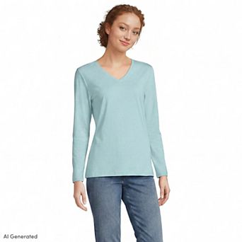 Women's Lands' End Relaxed-Fit Supima Long Sleeve Cotton V-Neck Tee