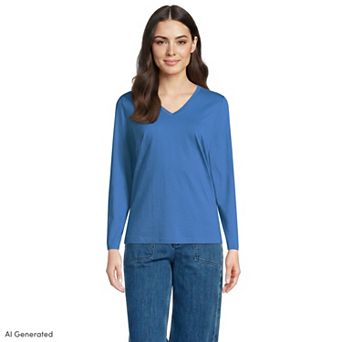 Women's Lands' End Relaxed-Fit Supima Long Sleeve Cotton V-Neck Tee