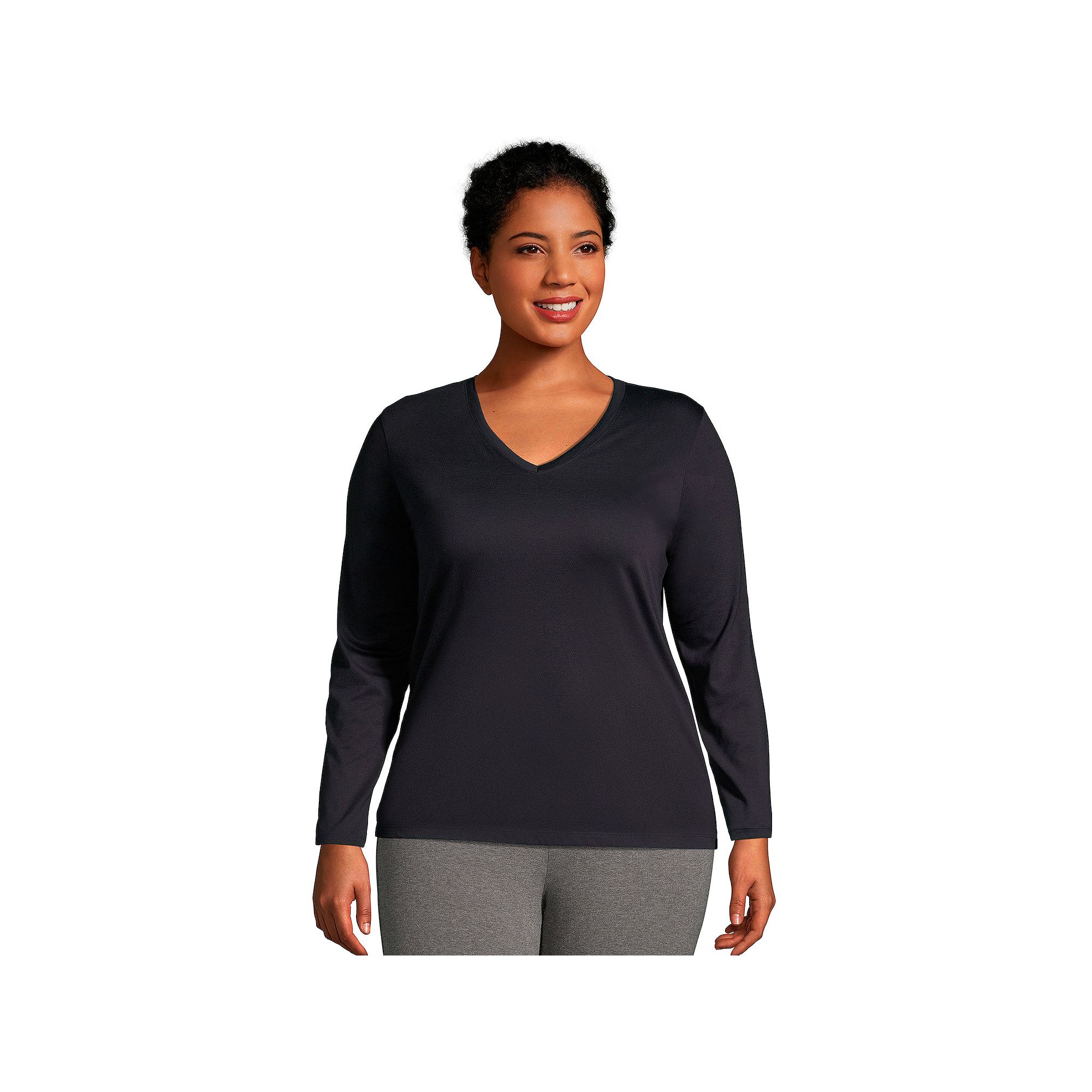 Plus Size Lands End Long Sleeve Relaxed-Fit Supima Cotton V-Neck Tee, Wome