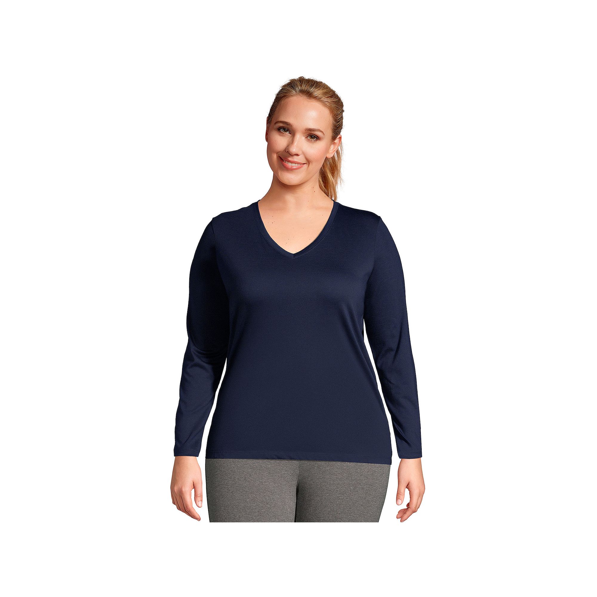 Plus Size Lands End Long Sleeve Relaxed-Fit Supima Cotton V-Neck Tee, Wome