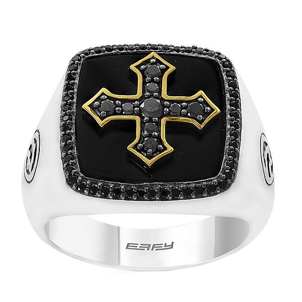 Men S Effy Two Tone Sterling Silver Onyx Black Spinel 1 4 Carat T W Black Diamond Signet Ring