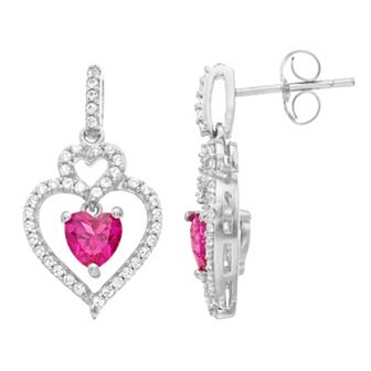 Sterling Silver Lab-Created Ruby & Lab-Created White Sapphire Heart Drop Earrings