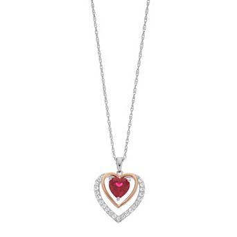 LeRose by Lexi and Rose Two Tone Sterling Silver Lab-Created Ruby & Lab-Created Sapphire Heart Pendant Necklace