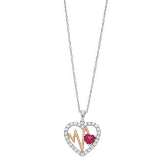 LeRose by Lexi and Rose Two Tone Sterling Silver Lab-Created Ruby & Lab-Created Sapphire Heartbeat Heart Pendant