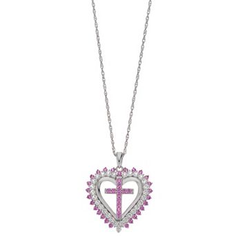 LeRose by Lexi and Rose Sterling Silver Lab-Created Pink Sapphire & Lab-Created White Sapphire Heart Cross Pendant