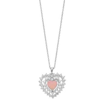 LeRose by Lexi and Rose Sterling Silver Lab-Created Pink Opal & Lab-Created White Sapphire Heart Pendant Necklace