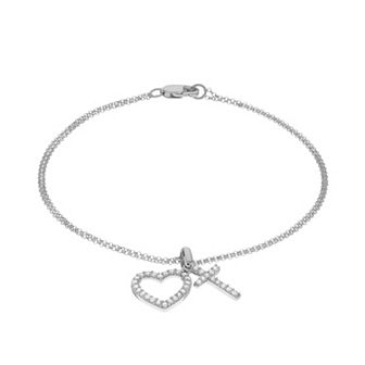 LeRose by Lexi and Rose Sterling Silver Cubic Zirconia Heart & Cross Charm Bracelet