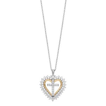 LeRose by Lexi and Rose Two Tone Sterling Silver Cubic Zirconia Heart Cross Pendant Necklace