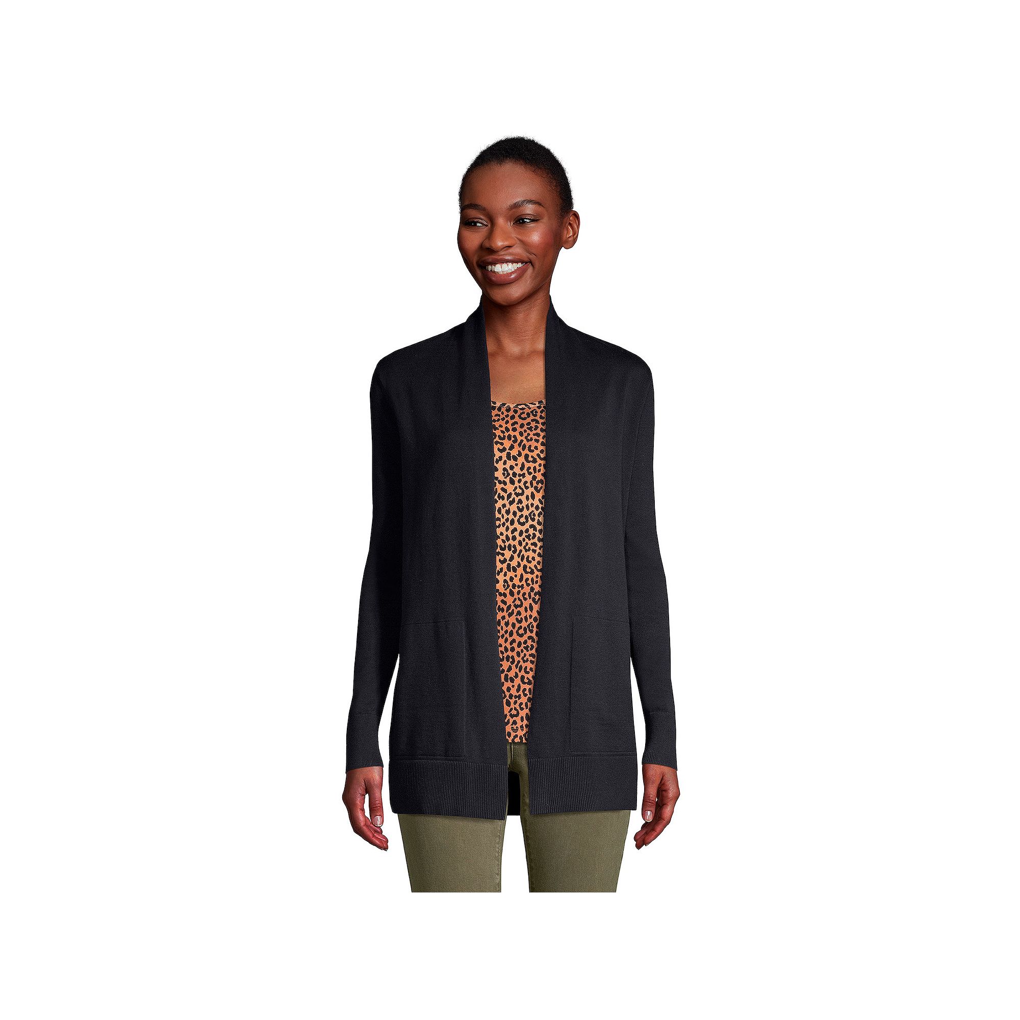 Womens Lands End Open-Front Long Cardigan Sweater, Size: XS, Black