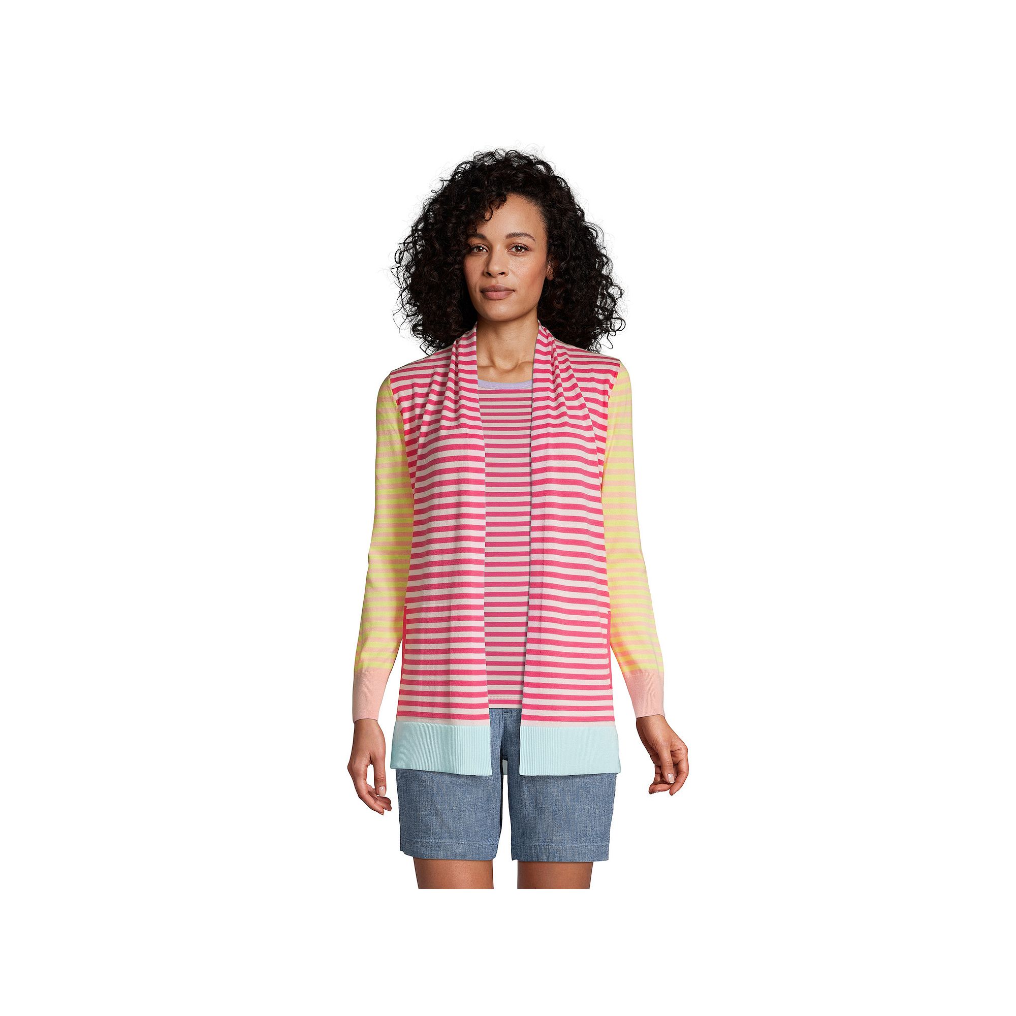 Womens Lands End Open-Front Long Cardigan Sweater, Size: Medium, Pink Str