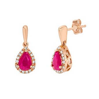 Gemminded 10k Rose Gold 1/10 Carat T.W. Diamond & Ruby Drop Earrings