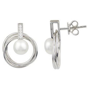 PearLustre by Imperial Sterling Silver Freshwater Cultured Pearl & White Topaz Doorknocker Drop Earrings