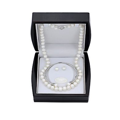 PearLustre by Imperial Sterling Silver Freshwater Cultured Pearl Necklace Flexible Cuff Bracelet & Button Stud Earring Set