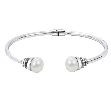 PearLustre by Imperial Sterling Silver Freshwater Cultured Pearl Necklace Flexible Cuff Bracelet & Button Stud Earring Set