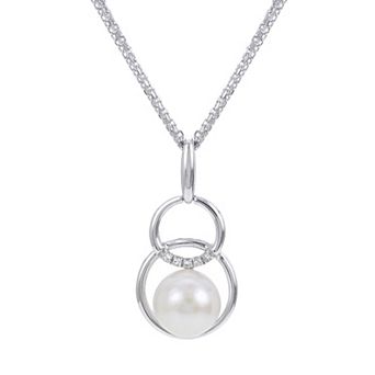 PearLustre by Imperial Sterling Silver Freshwater Cultured Pearl & 1/4 Carat T.W. Diamond Double Circle Pendant Necklace