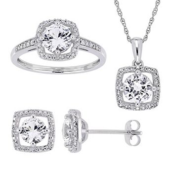 Stella Grace 10k White Gold Lab-Created White Sapphire & 1/3 ct T.W. Diamond Halo Earrings Pendant & Ring Set