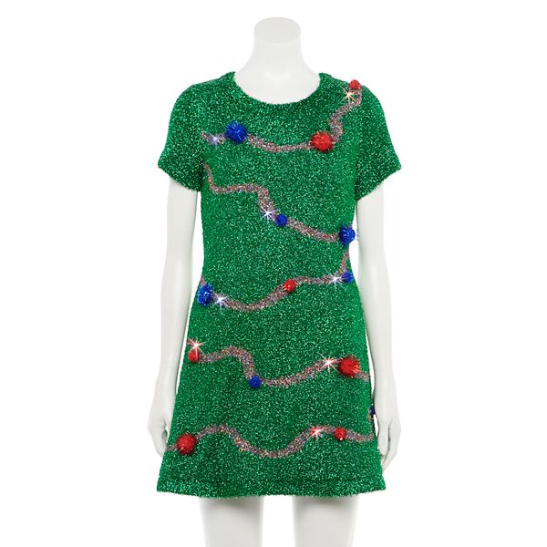 Juniors' Love & Let Love Tinsel Christmas Tree Fit & Flare Light-Up Dress
