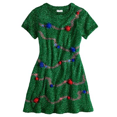 Juniors' Love & Let Love Tinsel Christmas Tree Fit & Flare Light-Up Dress