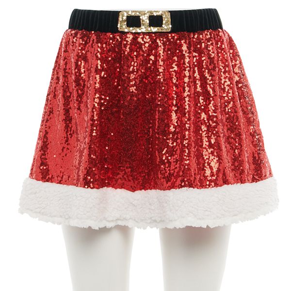 Juniors' Love & Let Love Mrs. Clause Sequin Skirt with Sherpa Trim