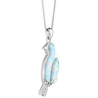Gemminded Sterling Silver Lab-Created Opal Diamond Accent Bird Pendant Necklace