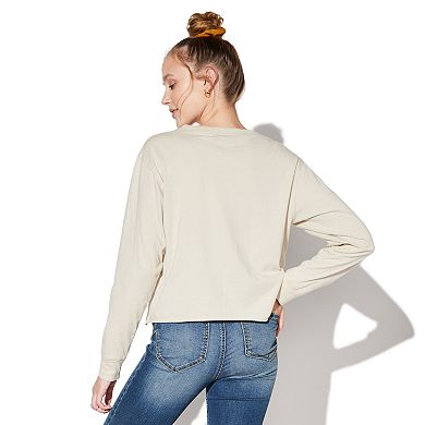 Juniors' Public Library Marvel Logo Iridescent Foil Cropped Long Sleeve Graphic Tee